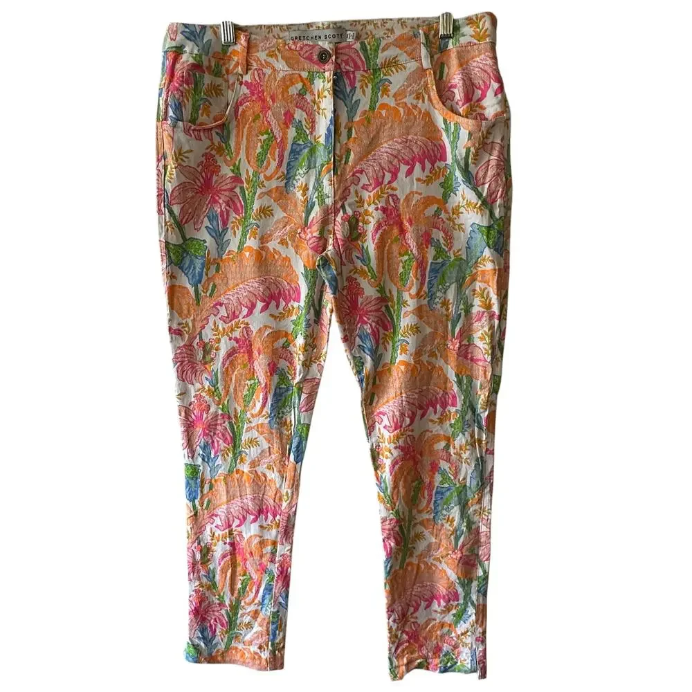 Gretchen Scott Tropical Leaf Pants Womens XL Colorful Cotton High Waisted Pants